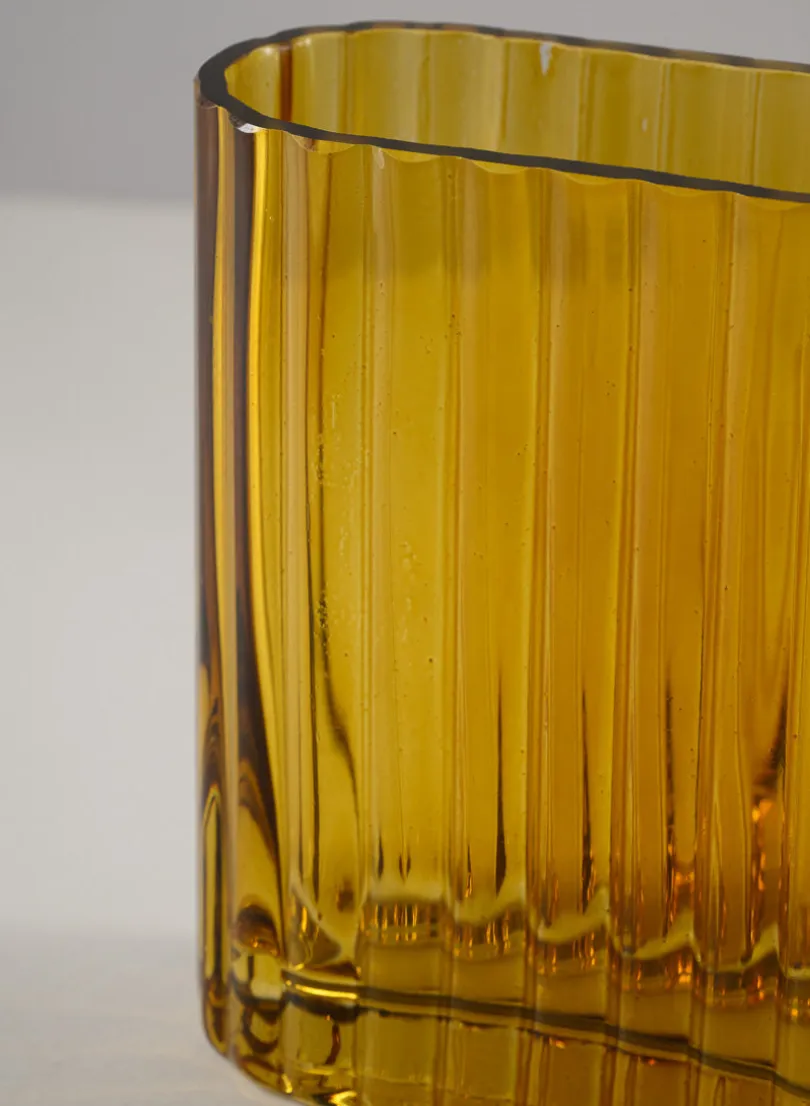Amber Pleated Glass Cylinder and Oval Vase