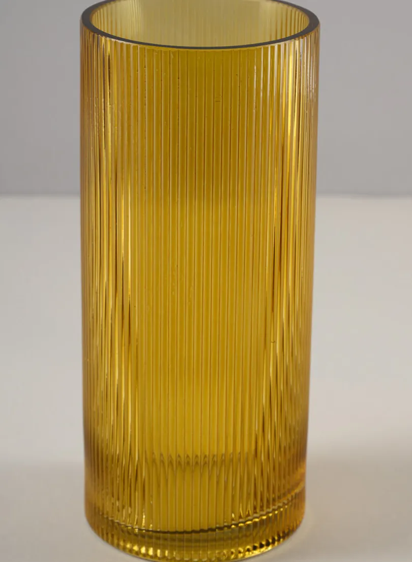 Amber Pleated Glass Cylinder and Oval Vase
