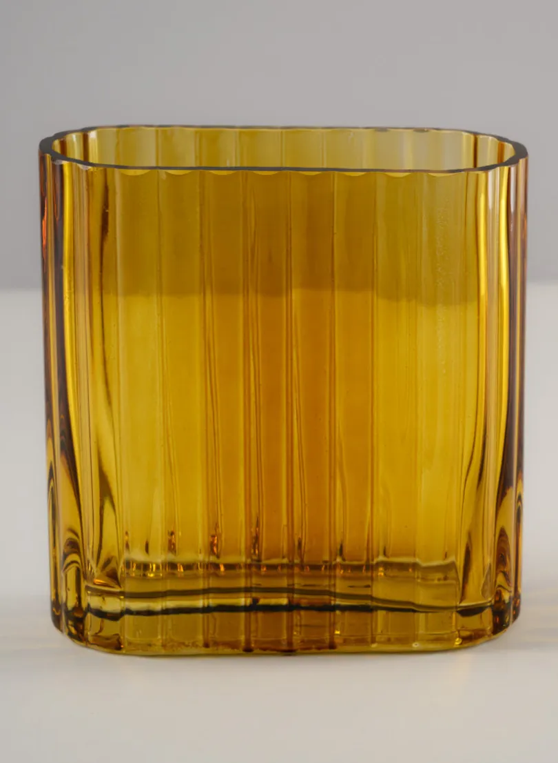 Amber Pleated Glass Cylinder and Oval Vase