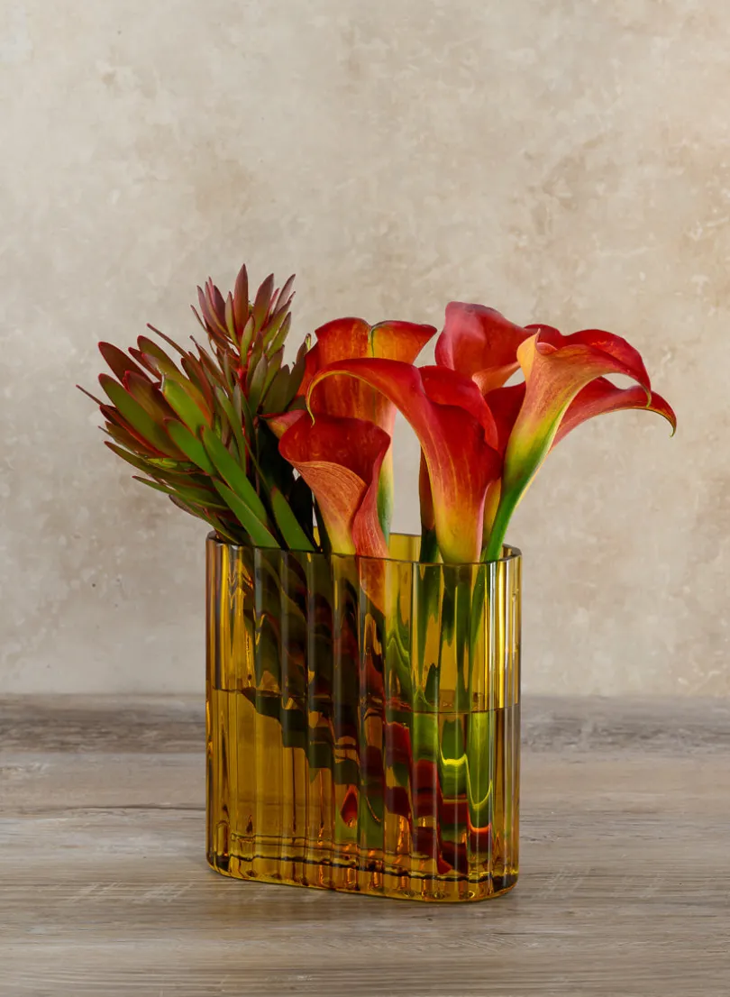 Amber Pleated Glass Cylinder and Oval Vase