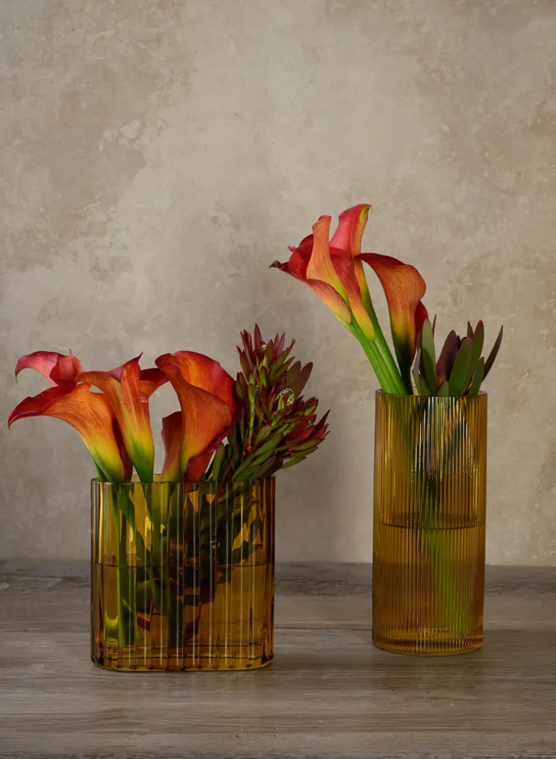 Amber Pleated Glass Cylinder and Oval Vase
