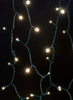 12ft Long 50 Light LED Warm White Battery Operated White Ferry Light, Green Cord