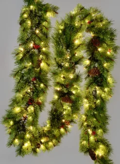 9ft Long Pine Garland With 150 LED Lights, Pine Cones & Berries