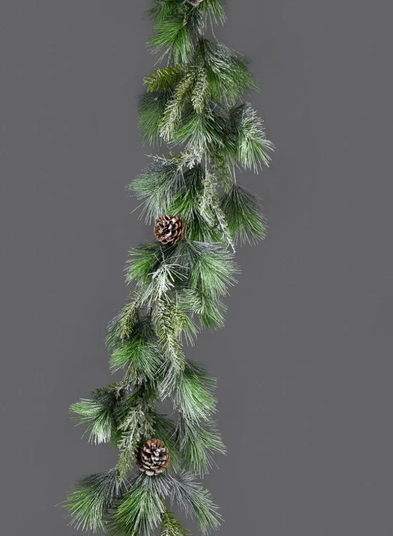 5ft Long Snowy Mixed Evergreens Garland With Pine Cones, Case of 2