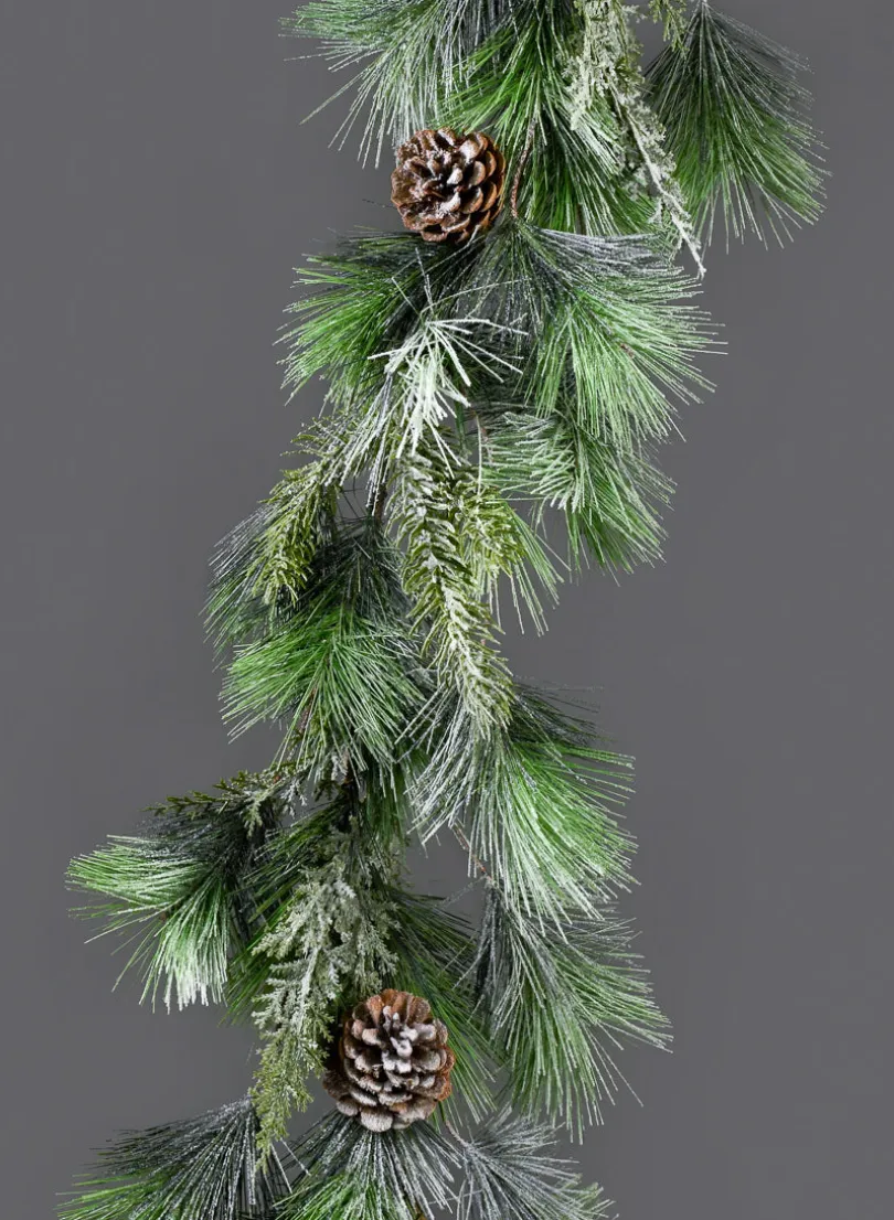 5ft Long Snowy Mixed Evergreens Garland With Pine Cones, Case of 2