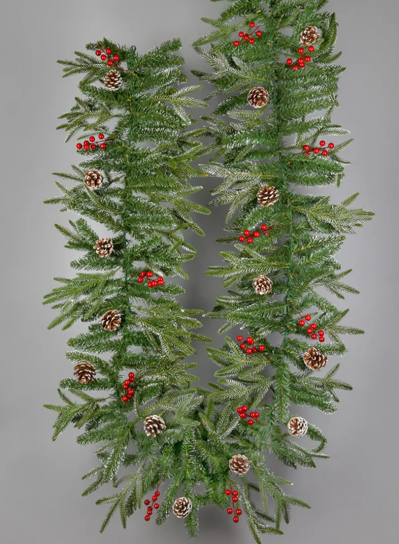 9ft Long Thick Flocked Pine Garland With Pinecones