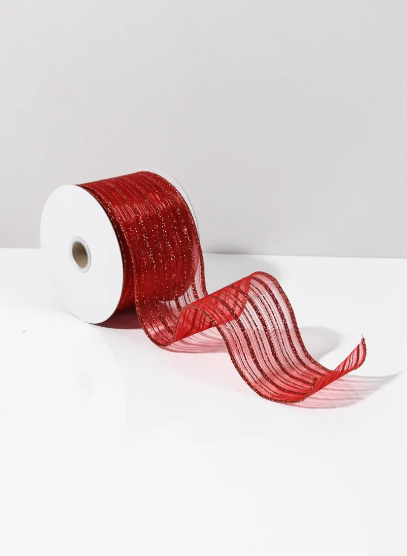 30ft Roll Ribbon -Sheer W/ Red Glitter Stripe