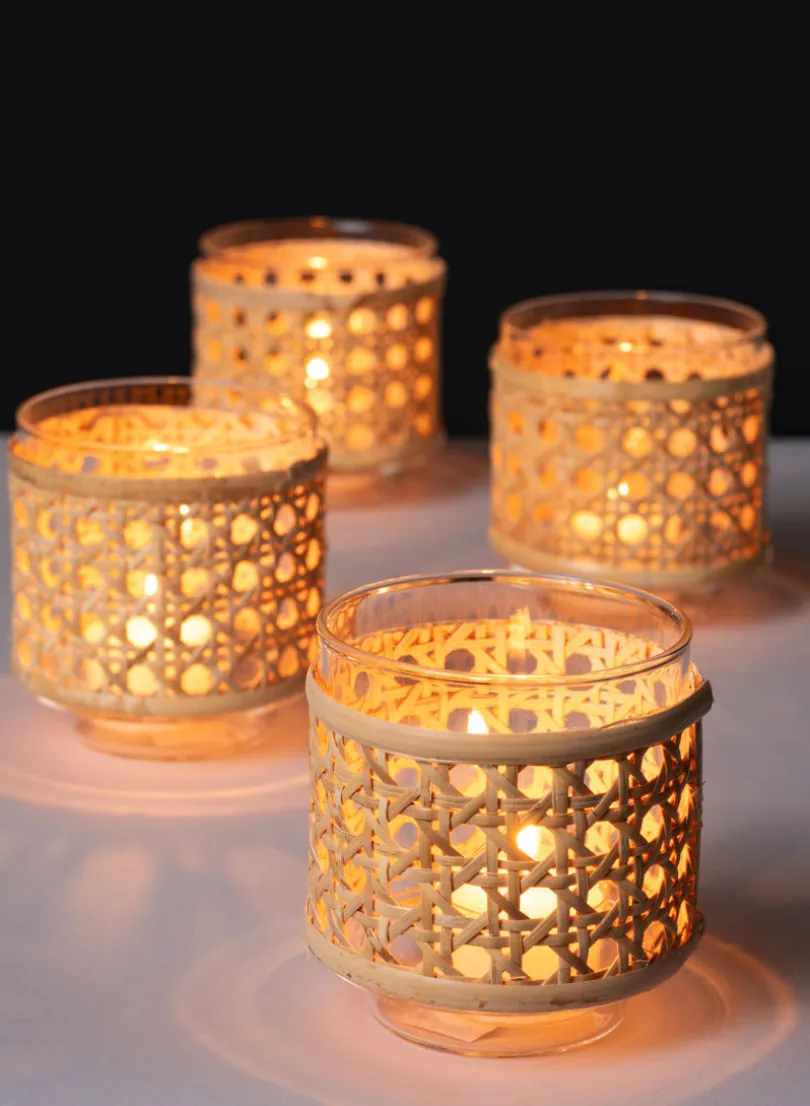 Indochine Cane Weaved Glass Holder, Set of 4