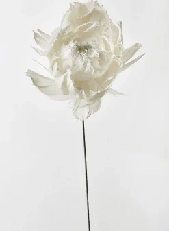 18in Glittered White Feather Open Peony, Bundle of 6