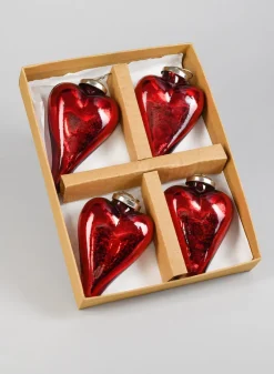 3in Long Antique Red Glass Heart In Window Box, Set of 4