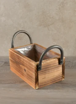 10.5in Long Burnt Wood Display Flower Box with Decorative Handles