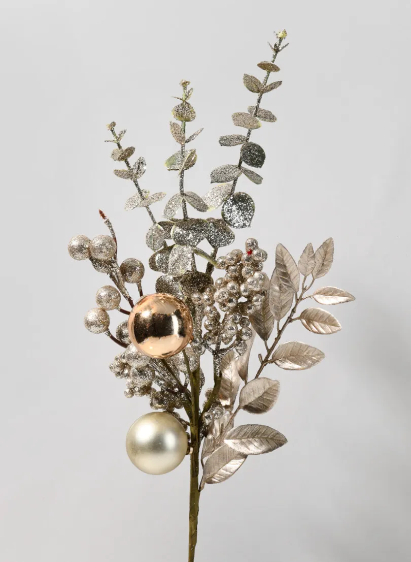 19in Long Champagne Glitter Eucalyptus & Berry Pick, Case of 12