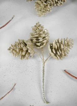 5.5in Long Champagne Glitter Pine Cone Pick, Set of 12