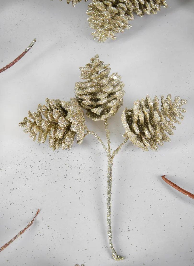 5.5in Long Champagne Glitter Pine Cone Pick, Set of 12