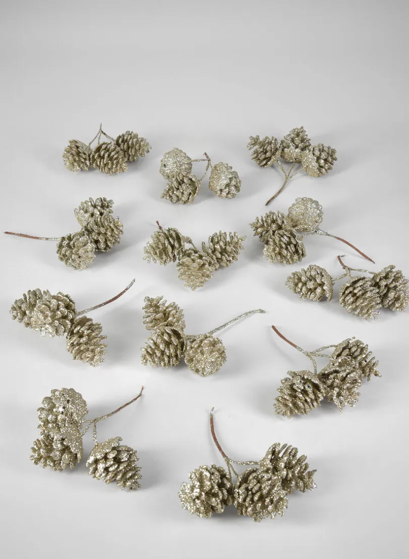5.5in Long Champagne Glitter Pine Cone Pick, Set of 12