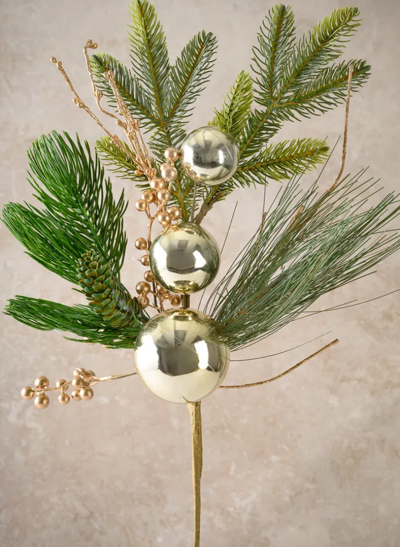 25in Long Classic Pine Pick with Gold Ornaments and Glitter Berries, Case of 12