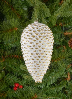 7in Long Etched Gold White Pinecone