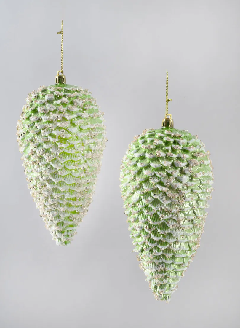 7in Long Glittered Green Tone Pine Cone, Set of 2