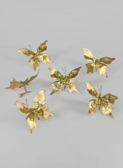 4in Long Gold Glitter Butterfly Ornament, Set of 6