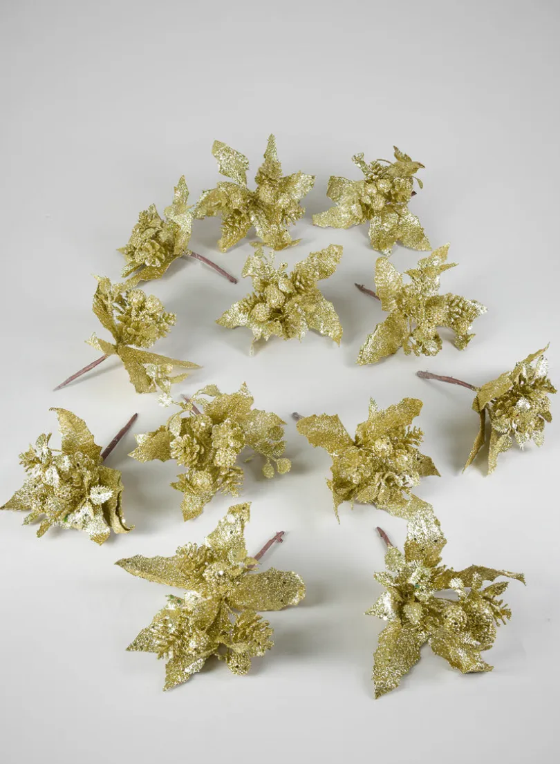 7in Long Gold Glitter Flower Pick, Bundle of 12