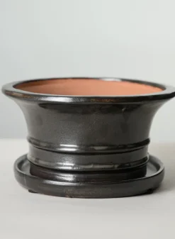 10in Long Penjing Oval Bonsai Ceramic Pot with Saucer, Chocolate Brown