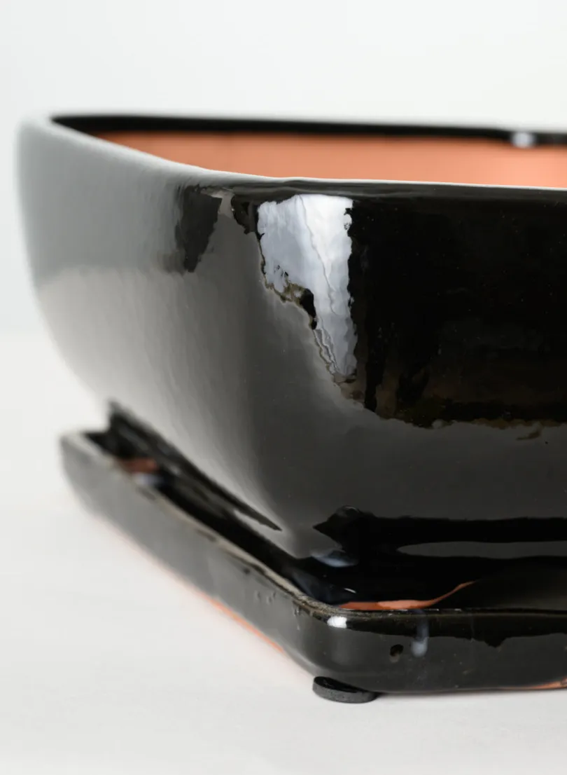 11in Long Penjing Rectangle Bonsai Ceramic Pot with Saucer, Gloss Black