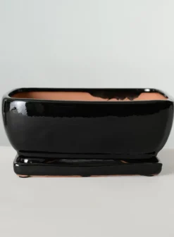11in Long Penjing Rectangle Bonsai Ceramic Pot with Saucer, Gloss Black