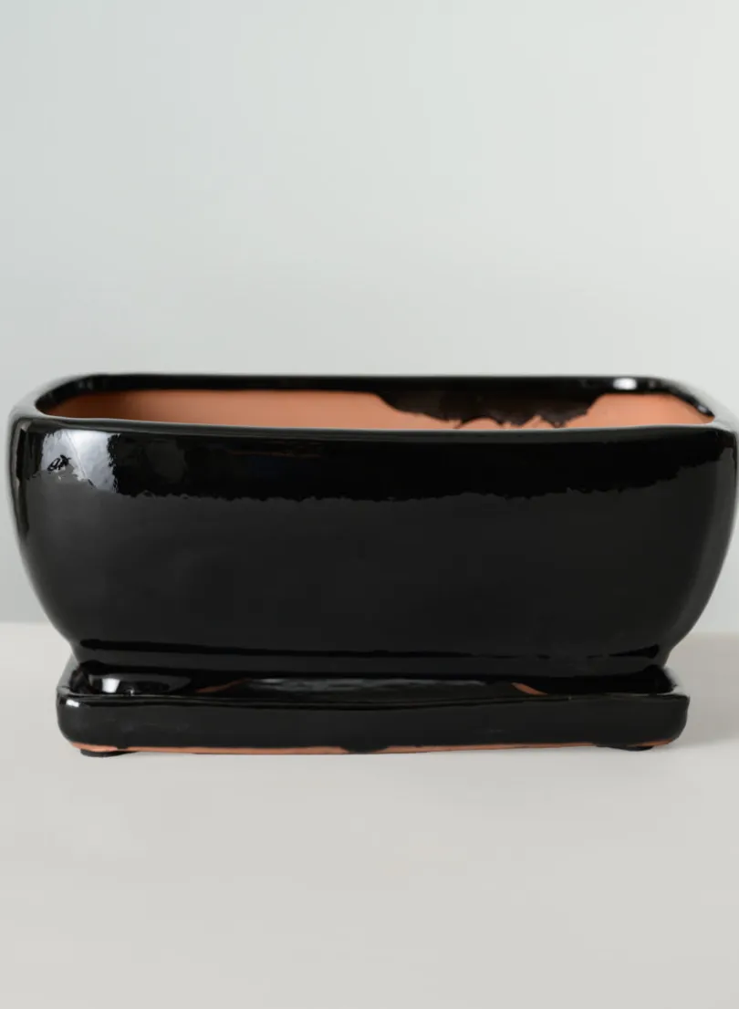 11in Long Penjing Rectangle Bonsai Ceramic Pot with Saucer, Gloss Black