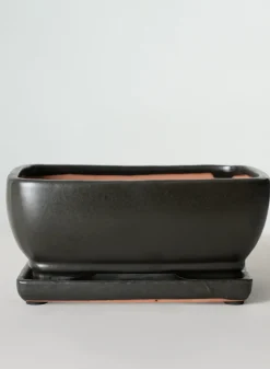 8.5in Long Penjing Rectangle Bonsai Ceramic Pot with Saucer, Matte Black