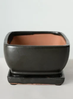 8.5in Long Penjing Rectangle Bonsai Ceramic Pot with Saucer, Matte Black