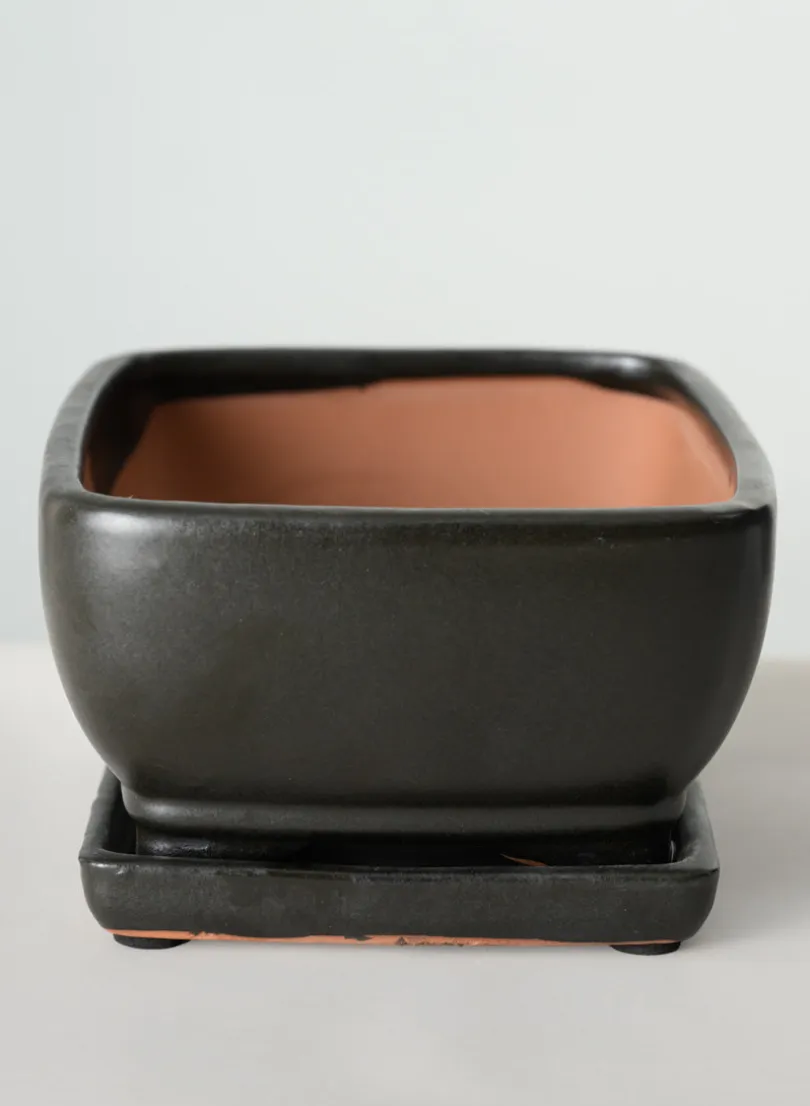 8.5in Long Penjing Rectangle Bonsai Ceramic Pot with Saucer, Matte Black