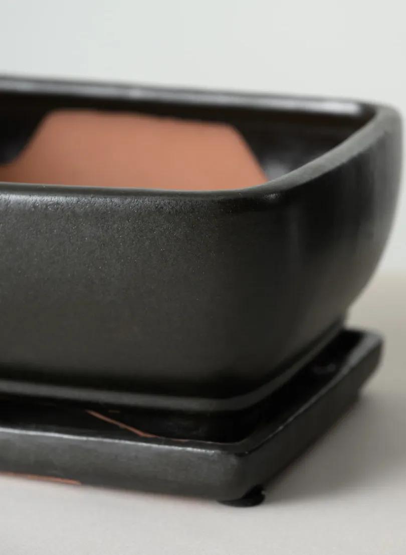 8.5in Long Penjing Rectangle Bonsai Ceramic Pot with Saucer, Matte Black