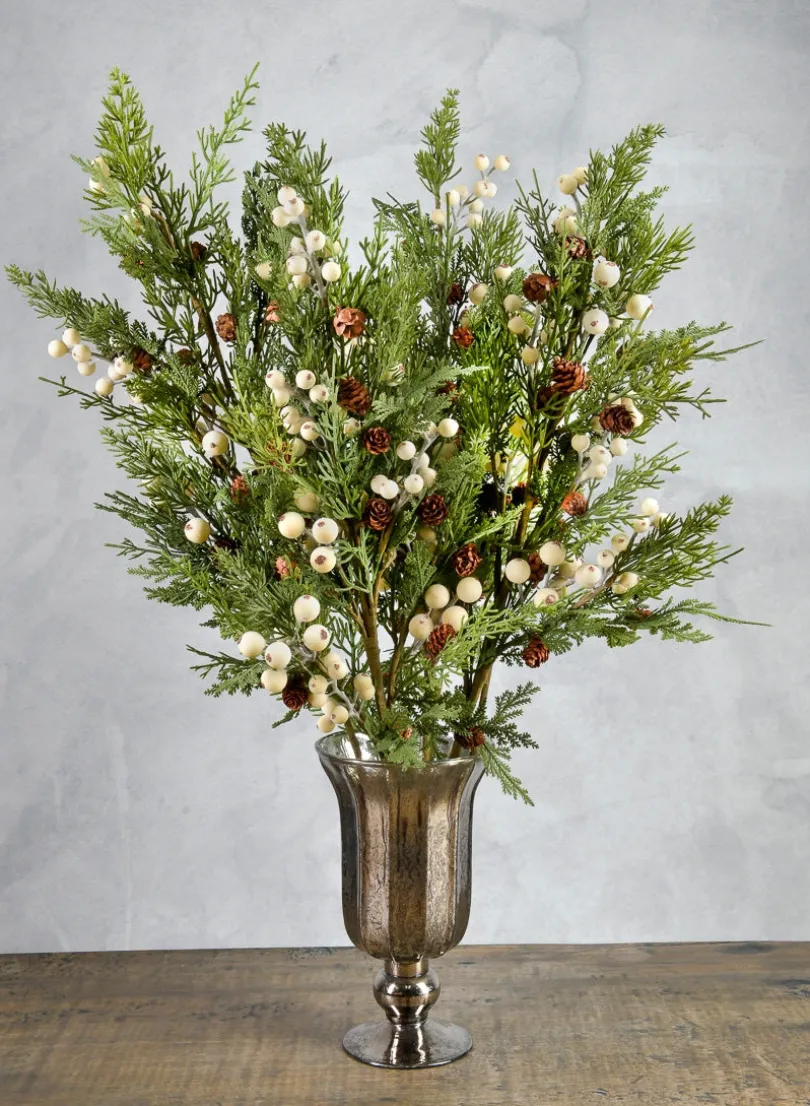 32in Long Real Touch Pine Pick With White Berries, Bundle of 6