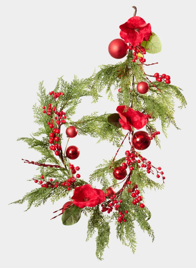 60in Long Red Magnolia and Ball Pine Garland