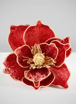 6in Long Red Magnolia Flower with Clip, Case of 12