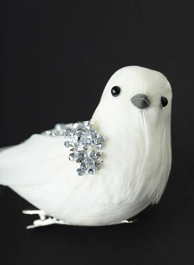 7in Long Silver Head White Feathered Bird, Set of 2
