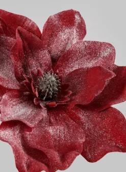 8in Long White Glittered Red Magnolia Pick