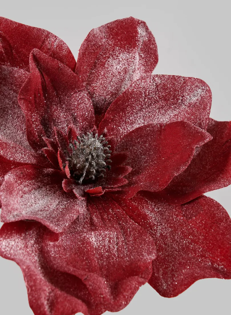 8in Long White Glittered Red Magnolia Pick