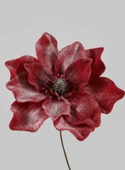 8in Long White Glittered Red Magnolia Pick