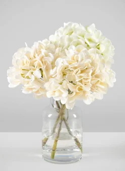 14in Long White Hydrangea in Clear Glass Vase