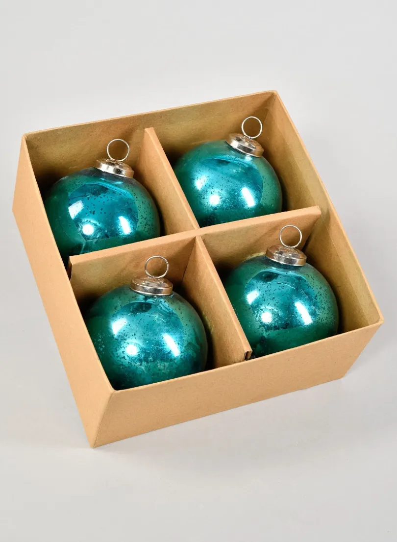4in Round Antique Aqua Glass Ball Ornaments, Set of 4