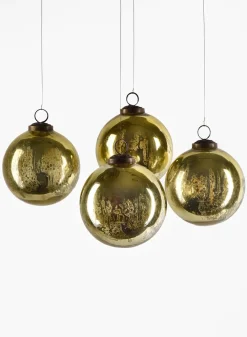 4in Round Antique Gold Glass Ornament Ball In Window Box