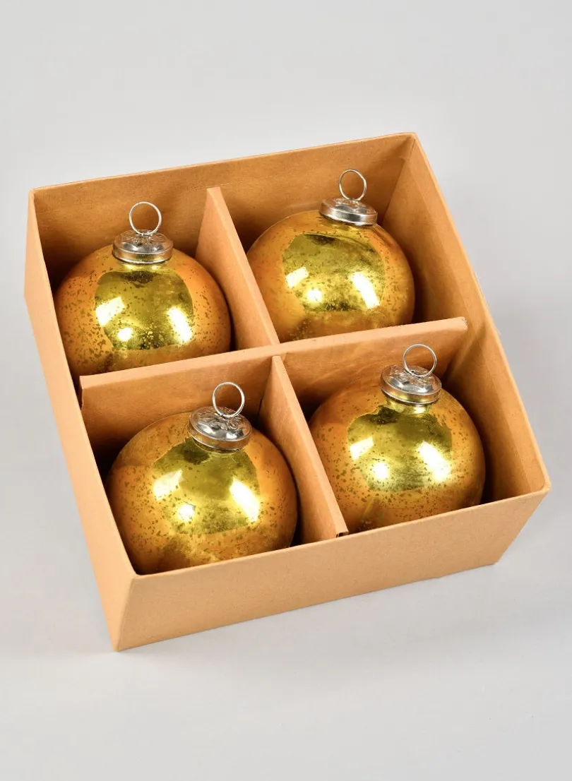 4in Round Antique Gold Glass Ornament Ball In Window Box