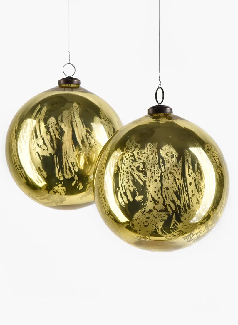 6in Round Antique Gold Glass Ornament Ball, Set of 2