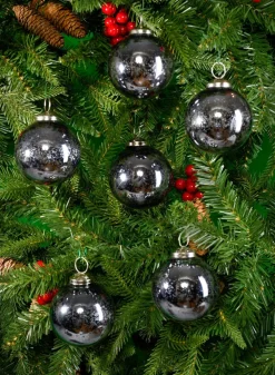 3in Round Antique Platinum Glass Ball Ornament in Window Box, Set of 6