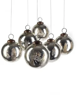 3in Round Antique Silver Ball Glass Ornament In Window Box, Set of 6