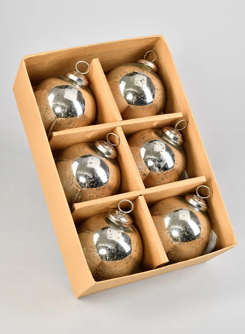 3in Round Antique Silver Ball Glass Ornament In Window Box, Set of 6