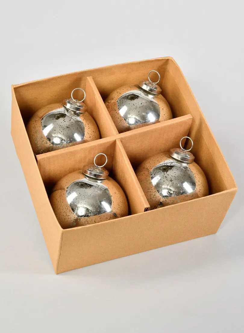 4in Round Antique Silver Glass Ornament Ball In Window Box