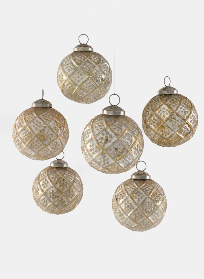 3in Round Antique White With Gold Glass Ornaments, Set of 6