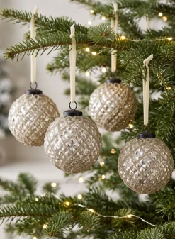 3in Round Beaded Gold Hobnail Glass Ornament, Set of 6